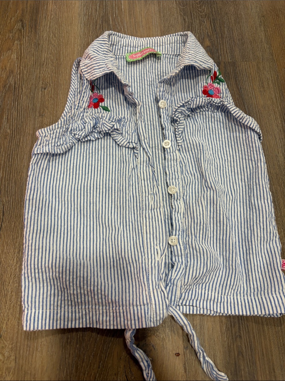 Striped Blue & White Gurl’s Tank Top with Floral Embroidery 100% Cotton